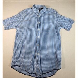 Indigo Palms Mens Blue Gingham 100% Linen‎ Short Sleeve Button Up Shirt Large